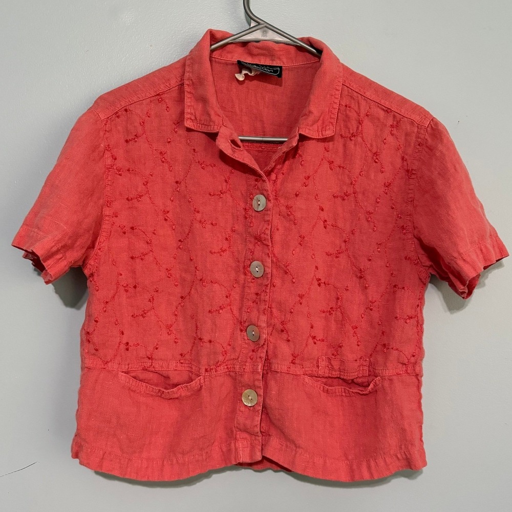 Carol Anderson Collection Small Coral Pink 100% Linen Embroidered Button Up 1434